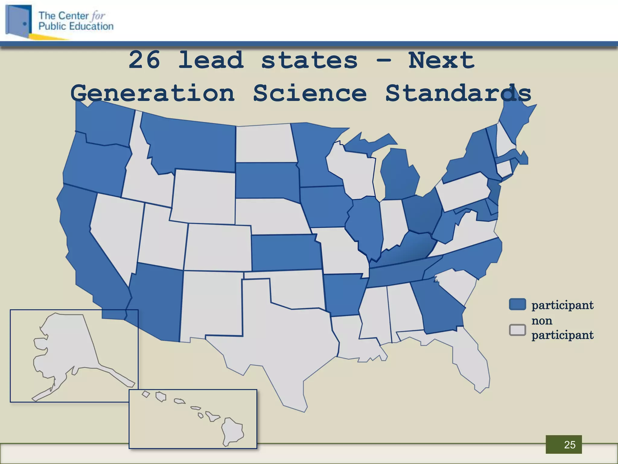 26 lead states – Next
Generation Science Standards




                           participant
                           non
                           participant




                                25
 