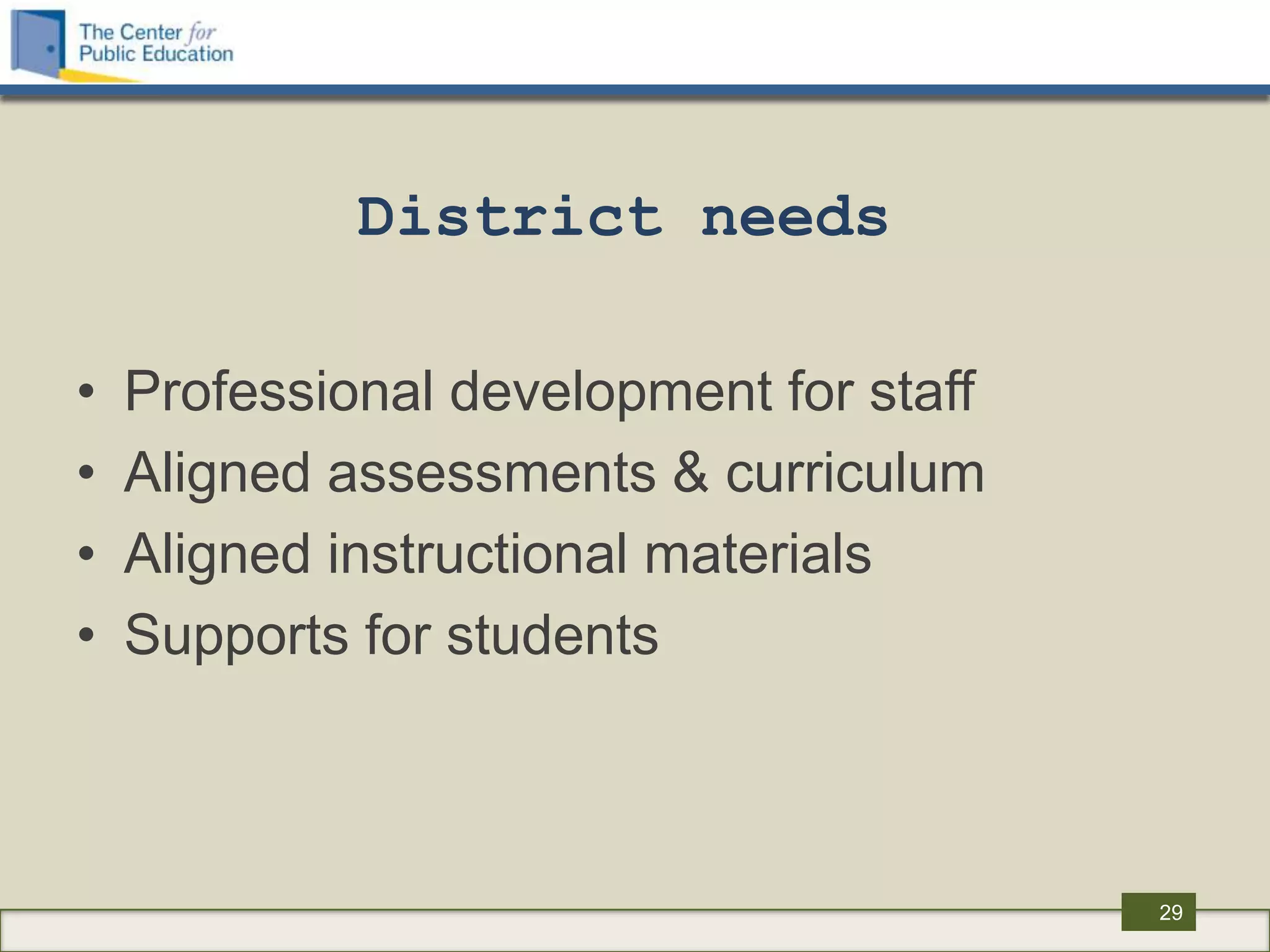 District needs

•   Professional development for staff
•   Aligned assessments & curriculum
•   Aligned instructional materials
•   Supports for students



                                         29
 