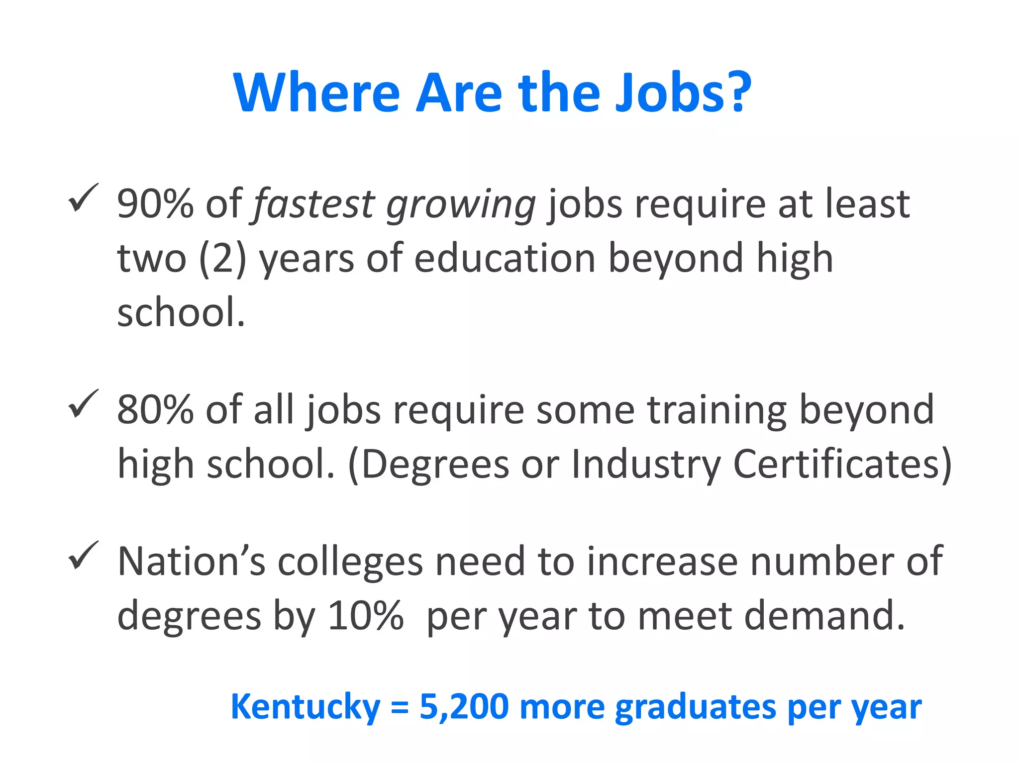 Where Are the Jobs?
 90% of fastest growing jobs require at least
  two (2) years of education beyond high
  school.

 80% of all jobs require some training beyond
  high school. (Degrees or Industry Certificates)

 Nation’s colleges need to increase number of
  degrees by 10% per year to meet demand.
         Kentucky = 5,200 more graduates per year 33
 