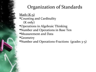 Organization of Standards
Math (K-5)
Counting and Cardinality
(K only)
Operations in Algebraic Thinking
Number and Operations in Base Ten
Measurement and Data
Geometry
Number and Operations-Fractions (grades 3-5)

 