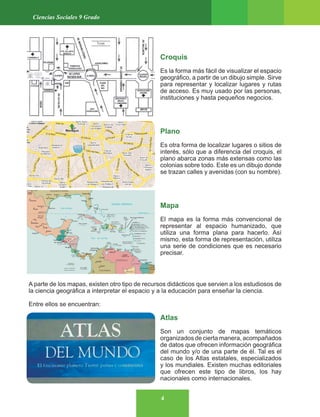 4
Ciencias Sociales 9 Grado
Croquis
Es la forma más fácil de visualizar el espacio
geográfico, a partir de un dibujo simple. Sirve
para representar y localizar lugares y rutas
de acceso. Es muy usado por las personas,
instituciones y hasta pequeños negocios.
Plano
Es otra forma de localizar lugares o sitios de
interés, sólo que a diferencia del croquis, el
plano abarca zonas más extensas como las
colonias sobre todo. Este es un dibujo donde
se trazan calles y avenidas (con su nombre).
Mapa
El mapa es la forma más convencional de
representar al espacio humanizado, que
utiliza una forma plana para hacerlo. Así
mismo, esta forma de representación, utiliza
una serie de condiciones que es necesario
precisar.
A parte de los mapas, existen otro tipo de recursos didácticos que servien a los estudiosos de
la ciencia geográfica a interpretar el espacio y a la educación para enseñar la ciencia.
Entre ellos se encuentran:
Atlas
Son un conjunto de mapas temáticos
organizados de cierta manera, acompañados
de datos que ofrecen información geográfica
del mundo y/o de una parte de él. Tal es el
caso de los Atlas estatales, especializados
y los mundiales. Existen muchas editoriales
que ofrecen este tipo de libros, los hay
nacionales como internacionales.
 