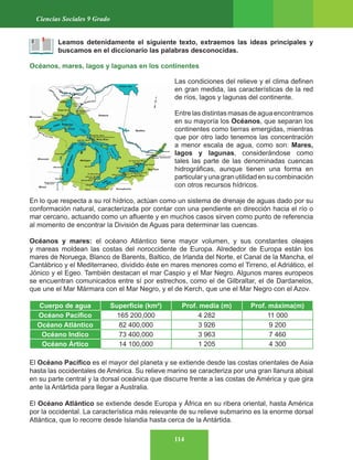 114
Ciencias Sociales 9 Grado
Leamos detenidamente el siguiente texto, extraemos las ideas principales y
buscamos en el diccionario las palabras desconocidas.
Océanos, mares, lagos y lagunas en los continentes
Las condiciones del relieve y el clima definen
en gran medida, las características de la red
de ríos, lagos y lagunas del continente.
Entrelasdistintasmasasdeaguaencontramos
en su mayoría los Océanos, que separan los
continentes como tierras emergidas, mientras
que por otro lado tenemos las concentración
a menor escala de agua, como son: Mares,
lagos y lagunas, considerándose como
tales las parte de las denominadas cuencas
hidrográficas, aunque tienen una forma en
particular y una gran utilidad en su combinación
con otros recursos hídricos.
En lo que respecta a su rol hídrico, actúan como un sistema de drenaje de aguas dado por su
conformación natural, caracterizada por contar con una pendiente en dirección hacia el río o
mar cercano, actuando como un afluente y en muchos casos sirven como punto de referencia
al momento de encontrar la División de Aguas para determinar las cuencas.
Océanos y mares: el océano Atlántico tiene mayor volumen, y sus constantes oleajes
y mareas moldean las costas del noroccidente de Europa. Alrededor de Europa están los
mares de Noruega, Blanco de Barents, Baltico, de Irlanda del Norte, el Canal de la Mancha, el
Cantábrico y el Mediterraneo, dividido éste en mares menores como el Tirreno, el Adriático, el
Jónico y el Egeo. También destacan el mar Caspio y el Mar Negro. Algunos mares europeos
se encuentran comunicados entre sí por estrechos, como el de Gilbraltar, el de Dardanelos,
que une el Mar Mármara con el Mar Negro, y el de Kerch, que une el Mar Negro con el Azov.
El Océano Pacífico es el mayor del planeta y se extiende desde las costas orientales de Asia
hasta las occidentales de América. Su relieve marino se caracteriza por una gran llanura abisal
en su parte central y la dorsal oceánica que discurre frente a las costas de América y que gira
ante la Antártida para llegar a Australia.
El Océano Atlántico se extiende desde Europa y África en su ribera oriental, hasta América
por la occidental. La característica más relevante de su relieve submarino es la enorme dorsal
Atlántica, que lo recorre desde Islandia hasta cerca de la Antártida.
Cuerpo de agua Superficie (km²) Prof. media (m) Prof. máxima(m)
Océano Pacífico 165 200,000 4 282 11 000
Océano Atlántico 82 400,000 3 926 9 200
Océano Indico 73 400,000 3 963 7 460
Océano Ártico 14 100,000 1 205 4 300
 