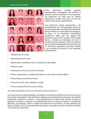 130
Ciencias Sociales 9 Grado
Estas diferencias también abarcan
características psicológicas que definen el
aspecto cultural y espiritual. A nivel genético,
las diferencias de cada raza no pueden
observarse a simple vista, pero son las que
definen todas estas características.
Las variaciones físicas corresponde a las
clasificaciones de la Antropología clásica de
las razas dependen del criterio del naturalista,
todas se basan en la descripción de fenotipos,
es decir, en los caracteres morfológicos
anatómicos dados por los rasgos más
evidentes como el color de piel y otros rasgos
físicos, y también por fisiología, es decir, la
función de cada rasgo físico. Entre los métodos
que ha usado la antropología física está lo que
se denomina caracteres corporales étnicos
y que consiste del estudio de las siguientes
características:
• Pigmentación de la piel.
• Pigmentación de los ojos.
• Pigmentación, pilosidad o forma y consistencia del cabello.
• Estatura y peso.
• Proporciones del tronco y de los miembros.
• Forma, proporciones y medidas del cráneo, lo que indica el índice cefalico.
• Proporciones y la forma de la cara.
• Forma de la nariz, ojos, párpados y orejas.
• Forma y proporciones de la boca y labios.
¿El medio geográfico influye en la estatura de la población?
Las viejas teorías ya desacreditadas, apuntaban a una estrecha relación entre los climas fríos y
los cuerpos más grandes. Pero también se atribuye el crecimiento de la persona a las mejores
condiciones sanitarias y sociales. Y este planteamiento no debe andar perdido, porque los
japoneses empiezan a alcanzar a los estadounidenses en la media de estatura. Los pigmeos
africanos, sin embargo, sufren un déficit de hormona de crecimiento y de las proteínas que
ligan sus tejidos, por lo que parece difícil que alguna vez puedan superar la estatura media de
1,52 metros que presentan.
 