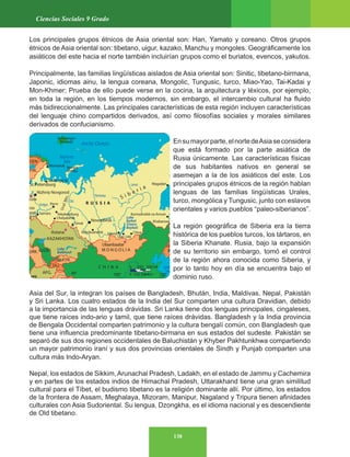 138
Ciencias Sociales 9 Grado
Los principales grupos étnicos de Asia oriental son: Han, Yamato y coreano. Otros grupos
étnicos de Asia oriental son: tibetano, uigur, kazako, Manchu y mongoles. Geográficamente los
asiáticos del este hacia el norte también incluirían grupos como el buriatos, evencos, yakutos.
Principalmente, las familias lingüísticas aislados de Asia oriental son: Sinitic, tibetano-birmana,
Japonic, idiomas ainu, la lengua coreana, Mongolic, Tungusic, turco, Miao-Yao, Tai-Kadai y
Mon-Khmer; Prueba de ello puede verse en la cocina, la arquitectura y léxicos, por ejemplo,
en toda la región, en los tiempos modernos, sin embargo, el intercambio cultural ha fluido
más bidireccionalmente. Las principales características de esta región incluyen características
del lenguaje chino compartidos derivados, así como filosofías sociales y morales similares
derivados de confucianismo.
Ensumayorparte,elnortedeAsiaseconsidera
que está formado por la parte asiática de
Rusia únicamente. Las características físicas
de sus habitantes nativos en general se
asemejan a la de los asiáticos del este. Los
principales grupos étnicos de la región hablan
lenguas de las familias lingüísticas Urales,
turco, mongólica y Tungusic, junto con eslavos
orientales y varios pueblos “paleo-siberianos”.
La región geográfica de Siberia era la tierra
histórica de los pueblos turcos, los tártaros, en
la Siberia Khanate. Rusia, bajo la expansión
de su territorio sin embargo, tomó el control
de la región ahora conocida como Siberia, y
por lo tanto hoy en día se encuentra bajo el
dominio ruso.
Asia del Sur, la integran los países de Bangladesh, Bhután, India, Maldivas, Nepal, Pakistán
y Sri Lanka. Los cuatro estados de la India del Sur comparten una cultura Dravidian, debido
a la importancia de las lenguas drávidas. Sri Lanka tiene dos lenguas principales, cingaleses,
que tiene raíces indo-ario y tamil, que tiene raíces drávidas. Bangladesh y la India provincia
de Bengala Occidental comparten patrimonio y la cultura bengalí común, con Bangladesh que
tiene una influencia predominante tibetano-birmana en sus estados del sudeste. Pakistán se
separó de sus dos regiones occidentales de Baluchistán y Khyber Pakhtunkhwa compartiendo
un mayor patrimonio iraní y sus dos provincias orientales de Sindh y Punjab comparten una
cultura más Indo-Aryan.
Nepal, los estados de Sikkim, Arunachal Pradesh, Ladakh, en el estado de Jammu y Cachemira
y en partes de los estados indios de Himachal Pradesh, Uttarakhand tiene una gran similitud
cultural para el Tíbet, el budismo tibetano es la religión dominante allí. Por último, los estados
de la frontera de Assam, Meghalaya, Mizoram, Manipur, Nagaland y Tripura tienen afinidades
culturales con Asia Sudoriental. Su lengua, Dzongkha, es el idioma nacional y es descendiente
de Old tibetano.
 