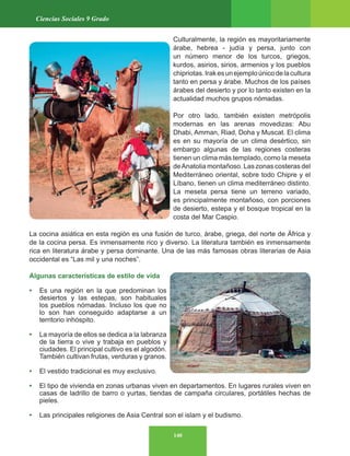 140
Ciencias Sociales 9 Grado
Culturalmente, la región es mayoritariamente
árabe, hebrea - judía y persa, junto con
un número menor de los turcos, griegos,
kurdos, asirios, sirios, armenios y los pueblos
chipriotas.Irakesunejemploúnicodelacultura
tanto en persa y árabe. Muchos de los países
árabes del desierto y por lo tanto existen en la
actualidad muchos grupos nómadas.
Por otro lado, también existen metrópolis
modernas en las arenas movedizas: Abu
Dhabi, Amman, Riad, Doha y Muscat. El clima
es en su mayoría de un clima desértico, sin
embargo algunas de las regiones costeras
tienen un clima más templado, como la meseta
deAnatolia montañoso. Las zonas costeras del
Mediterráneo oriental, sobre todo Chipre y el
Líbano, tienen un clima mediterráneo distinto.
La meseta persa tiene un terreno variado,
es principalmente montañoso, con porciones
de desierto, estepa y el bosque tropical en la
costa del Mar Caspio.
La cocina asiática en esta región es una fusión de turco, árabe, griega, del norte de África y
de la cocina persa. Es inmensamente rico y diverso. La literatura también es inmensamente
rica en literatura árabe y persa dominante. Una de las más famosas obras literarias de Asia
occidental es “Las mil y una noches”.
Algunas características de estilo de vida
• Es una región en la que predominan los
desiertos y las estepas, son habituales
los pueblos nómadas. Incluso los que no
lo son han conseguido adaptarse a un
territorio inhóspito.
• La mayoría de ellos se dedica a la labranza
de la tierra o vive y trabaja en pueblos y
ciudades. El principal cultivo es el algodón.
También cultivan frutas, verduras y granos.
• El vestido tradicional es muy exclusivo.
• El tipo de vivienda en zonas urbanas viven en departamentos. En lugares rurales viven en
casas de ladrillo de barro o yurtas, tiendas de campaña circulares, portátiles hechas de
pieles.
• Las principales religiones de Asia Central son el islam y el budismo.
 