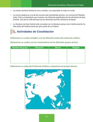 141
Educación Secundaria a Distancia en el Campo
• La música de Asia Central es rica y variada, y es apreciado en todo el mundo.
• La cocina asiática es una de las cocinas más importantes de Asia, con cocinas de Pakistán,
India, China y Azerbaiyán que muestra una influencia significativa de los alimentos de Asia
Central. Uno de los más famosos de los alimentos de Asia Central es el kebab.
• La literatura de Asia Central está vinculada con la literatura persa como históricamente ha
sido parte del Imperio persa por gran parte de su historia.
Actividades de Cosolidación
Elaboremos un cuadro sinóptico con las diferentes etnias del continente asiático.
Elaboremos un cuadro con las características de las diferentes grupos étnicos.
Elaboremos un mapa del Continente Asiático y ubiquemos los grupos étnicos.
Nombre del grupo Ubicación Idioma Religión
 