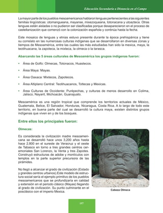 157
Educación Secundaria a Distancia en el Campo
Lamayorpartedelospueblosmesoamericanoshablaronlenguaspertenecientesalassiguientes
familias lingüísticas: otomangueana, mayanse, mixezoqueana, totonacana y utoazteca. Otras
lenguas están aisladas o no pudieron ser clasificadas porque desaparecieron en el proceso de
castellanización que comenzó con la colonización española y continúa hasta la fecha.
Este mosaico de lenguas y etnias estuvo presente durante la época prehispánica y tiene
su correlato en las numerosas culturas indígenas que se desarrollaron en diversas zonas y
tiempos de Mesoamérica, entre las cuales las más estudiadas han sido la mexica, maya, la
teotihuacana, la zapoteca, la mixteca, la olmeca o la tarasca.
Abarcando las 5 áreas culturales de Mesoamérica los grupos indígenas fueron:
• Área de Golfo: Olmecas, Totonacos, Huastecos.
• Área Maya: Mayas.
• Área Oaxaca: Mixtecos, Zapotecos.
• Área Altiplano Central: Teotihuacanos, Toltecas y Mexicas.
• Área Culturas de Occidente: Purépechas, y culturas de menos desarrollo en Colima,
Jalisco, Nayarit, Michoacán, Guanajuato.
Mesoamérica es una región tropical que comprende los territorios actuales de México,
Guatemala, Belice, El Salvador, Honduras, Nicaragua, Costa Rica. A lo largo de todo este
territorio, en buena parte del cual se desarrolló la cultura maya, existen distintos grupos
indígenas que viven en y de los bosques.
Entre ellos los principales fueron:
Olmecas:
Es considerada la civilización madre mesoameri-
cana se desarrolló hace unos 3,200 años hasta
hace 2,800 en el sureste de Veracruz y el oeste
de Tabasco en torno a tres grandes centros cer-
emoniales San Lorenzo, la Venta y tres Zapotes.
Construyó estructuras de adobe y montículos con
templos en la parte superior precursora de las
pirámides.
No llegó a alcanzar el grado de civilización (Estado
y grandes centros urbanos).Este modelo de estruc-
tura social sería el ejemplo primitivo de los pueblos
mesoamericanos que se profundizaría en calidad
y extensión en el periodo clásico (Mayas) llegando
al grado de civilización. Su punto culminante en el
posclásico con el imperio Mexica.
Cabeza Olmeca
 