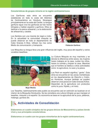 161
Educación Secundaria a Distancia en el Campo
Características de grupos minoría en la región centroamericana
Los Garífunas esta etnia se encuentra
establecida en toda la costa del Atlántico
de Centroamérica en Hondura, Nicaragua
principalmente en la costa del Caribe. La lengua
garífuna sigue viva los garífunas se han hecho
bilingües y hablan español y garífuna. Ellos se
dedican a la pesca artesanal, y a la elaboración
de artesanías y casabe.
Los Zambos son una mezcla de negro e indio.
En la actualidad la comunidad misquita se
puede observar en todo el departamento de
Cabo Gracias A Dios. Utilizan los ríos como
Medio de comunicación y transporte.
Los Misquitos su lengua lleva una gran influencia del inglés, muy poca del español y varios
vocablos tawahkas.
La Cultura Misquita es muy machista y se
denota la diferencia entre sexos, las mujeres
hacen trabajos en la casa, cuidan los niños,
hacen la comida y limpian la casa. Mientras
que el hombre se dedica a otras actividades
como: la agricultura, la caza y la pesca.
Los Pech en español significa,” gente”. Esta
etnia se encuentra en las zonas montañosas
en los departamentos de Olancho y Colón,
en Honduras. Aunque también se pueden
observar unos pocos en Cabo Gracias A Dios.
Dependen de la agricultura con productos
como la yuca, frijoles, y el maíz.
Los Tawahka, lastimosamente este pueblo se encuentra casi en extinción se localizan en el
interior de la Mosquitia Hondureña. Se les considera una cultura trilingüe ya que manejan el
tawahka, misquito y el español. Su economía se basa en la agricultura de la yuca, plátanos,
malanga, guineos etc.
Actividades de Consolidación
Elaboremos un cuadro sinóptico de los grupos étnicos de Mesoamérica y países donde
viven y sus principales características.
Elaboramos un cuadro con los grupos minoritarios de la región centroamericana.
Mujer Miskita
Población Garífuna
 