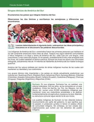 162
Ciencias Sociales 9 Grado
Grupos étnicos de América del Sur
Enumeremos los países que integran América del Sur.
Observemos las dos láminas y escribamos las semejanzas y diferencias que
encontramos.
Leamos detenidamente el siguiente texto, subrayemos las ideas principales y
buscamos en el diccionario las palabras desconocidas.
Los indígenas de América del Sur o amerindios fueron las primeras personas que habitaron el
sur del continente americano hace miles de años. Todavía hoy sigue habiendo comunidades
o tribus indígenas a lo largo y ancho de América del Sur, cada cual con una lengua, unas
costumbres y unas creencias propias. En el pasado, probablemente la tribu más arraigada eran
los Incas, los cuales hablaban el idioma quechua. Aunque los Incas son ahora una comunidad
extinguida, actualmente más de 14 millones de habitantes de América del Sur hablan la lengua
quechua.
América del Sur estuvo poblada por cientos de etnias indígenas muchas de las cuales aún
mantienen su identidad y sus costumbres.
Los grupos étnicos más importantes y los países en donde actualmente predominan sus
culturas son: Quechuas (Perú), Shipibos (Perú), Ashaninas (Perú), Aymaras (Bolivia), Chibchas
(Colombia), Arawaks (Venezuela y Brasil), Cañaris (Ecuador), Guaraníes (Paraguay), Charruas
(Uruguay), Diaguitas (Argentina) y Mapuches (Chile).
Surinam: En sus orígenes, Suriname fue, en realidad, una
colonia holandesa. Con los años, se ha convertido en un país
multiétnico. Entre los Kari’ña, los Trio, los Wayano, los die
Akurio, etc. suman unos 25.000 ciudadanos indígenas que
mantienen vivas sus costumbres ancestrales y se dedican
fundamentalmente a la agricultura, la pesca y la caza.Además,
su estructura comunal sigue siendo la de sus inicios.
Los pueblos indígenas de Surinam no han obtenido todavía
reconocimiento por parte del gobierno, lo que significa que
no poseen ni protección jurídica ni tienen el estatus oficial
de comunidad indígena. Sin embargo, se han creado dos
organizaciones que luchan por los derechos del pueblo
indígena.
 