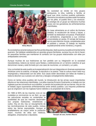 172
Ciencias Sociales 9 Grado
Niños Maoríe
Su sociedad se divide en tres grupos
jerárquicos, la tribu, subtribu y familia, al
igual que otros muchos pueblos polinesios.
Asimismo los estratos sociales están formados
por los jefes, el pueblo llano y los esclavos.
El prestigio de un grupo se relaciona muchas
veces con los ganadores de enfrentamientos
intertribales.
Su base alimentaria es el cultivo de Kumara
(batata), la recolección de raíces y bayas, y
también se dedicaban a la pesca. Practicaban
el canibalismo, engordando a sus víctimas
encarceladas en jaulas. El ramaje del bosque
servía para fabricar chozas, empalizadas para
el poblado y canoas. El trabajo se repartía
equitativamente entre hombres y mujeres.
Susociedadsecaracterizabaporlasfrecuentesdisputas,dadoqueeraunpuebloeminentemente
guerrero. Se hallaban establecidos en grandes grupos familiares, aunque hoy en día lo hacen
en pequeñas familias que mantienen el contacto con los grupos relacionados con ellas por
antepasados comunes.
Aunque muchas de sus tradiciones se han perdido con su integración en la sociedad
neozelandesa, todavía se reúnen para fiestas y celebraciones en un terreno colectivo al que
denominan marae y está formado por una casa de reuniones, un comedor y un patio.
Una curiosidad de este pueblo es la especialización de sus integrantes en diversas expresiones
artísticas como la oratoria, el tatuaje, la escultura o la poesía. Toda la cultura maorí está muy
impregnada y relacionada con las artes. Sus casas están decoradas con tallas de madera y
todavía decoran sus cuerpos con adornos y tatuajes complejamente elaborados.
Como en tantos otros pueblos del mundo, la introducción de las armas causó importantes
efectos en las relaciones intertribales. Los jefes maoríes firmaron finalmente un tratado con los
ingleses que les convertía en sus súbditos, a cambio de la protección de sus tierras. Hoy en día
el tratado sigue suponiendo enfrentamientos entre ambos pueblos. Los mayores problemas
que se originaron con los ingleses fueron debidos a la propiedad de la tierra.
En 1980 el 90% de los maoríes vivía en las
ciudades.La convivencia no es fácil, ya que
las estructuras sociales no contemplan la
posibilidad de que los maoríes desarrollen
sus propias tradiciones, enseñanzas y
cultos. Hoy en día, hay un resurgimiento de
las reivindicaciones de este pueblo, incluso
sobre las tierras expropiadas. Aunque el
analfabetismo es mayor entre la población
maorí, muchos de ellos son médicos,
abogados, empresarios o diputados. Tatuajes de cara, hombre Maoríe
 