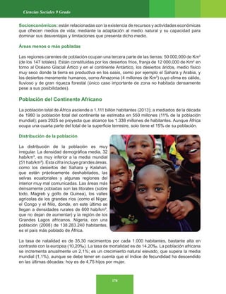 178
Ciencias Sociales 9 Grado
Socioeconómicos: están relacionadas con la existencia de recursos y actividades económicas
que ofrecen medios de vida; mediante la adaptación al medio natural y su capacidad para
dominar sus desventajas y limitaciones que presenta dicho medio.
Áreas menos o más pobladas
Las regiones carentes de población ocupan una tercera parte de las tierras: 50 000,000 de Km2
(de los 147 totales). Están constituidas por los desiertos fríos, franja de 12 000,000 de Km2
en
torno al Océano Glacial Ártico y en el continente Antártico, los desiertos áridos, medio físico
muy seco donde la tierra es productiva en los oasis, como por ejemplo el Sahara y Arabia, y
los desiertos meramente humanos, como Amazonia (4 millones de Km2
) cuyo clima es cálido,
lluvioso y de gran riqueza forestal (único caso importante de zona no habitada densamente
pese a sus posibilidades).
Población del Continente Africano
La población total de África asciende a 1,111 billón habitantes (2013); a mediados de la década
de 1980 la población total del continente se estimaba en 550 millones (11% de la población
mundial); para 2025 se proyecta que alcance los 1.338 millones de habitantes. Aunque África
ocupa una cuarta parte del total de la superficie terrestre, solo tiene el 15% de su población.
Distribución de la población
La distribución de la población es muy
irregular. La densidad demográfica media, 32
hab/km², es muy inferior a la media mundial
(51 hab/km²). Esta cifra incluye grandes áreas,
como los desiertos del Sahara y Kalahari,
que están prácticamente deshabitados, las
selvas ecuatoriales y algunas regiones del
interior muy mal comunicadas. Las áreas más
densamente pobladas son las litorales (sobre
todo, Magreb y golfo de Guinea), los valles
agrícolas de los grandes ríos (como el Níger,
el Congo y el Nilo, donde, en este último se
llegan a densidades rurales de 600 hab/km²,
que no dejan de aumentar) y la región de los
Grandes Lagos africanos. Nigeria, con una
población (2008) de 138.283.240 habitantes,
es el país más poblado de África.
La tasa de natalidad es de 35,30 nacimientos por cada 1.000 habitantes, bastante alta en
contraste con la europea (10,20‰). La tasa de mortalidad es de 14,20‰. La población africana
se incrementa anualmente un 2,1%; es un crecimiento natural elevado, que supera la media
mundial (1,1%), aunque se debe tener en cuenta que el índice de fecundidad ha descendido
en las últimas décadas: hoy es de 4,75 hijos por mujer.
 