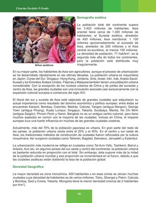182
Ciencias Sociales 9 Grado
Demografía asiática
La población total del continente supera
los 3.400 millones de habitantes. Asia
oriental tiene cerca de 1.300 millones de
habitantes; el Sureste asiático, alrededor
de 450 millones; Asia meridional, 1 100
millones aproximadamente; el suroeste de
Asia, alrededor de 200 millones y el Asia
central ex-soviética, al menos 100 millones.
La densidad de población, 71 hab/km2
, es la
segunda más alta de todos los continentes,
pero la población está distribuida muy
irregularmente.
En su mayor parte, los habitantes de Asia son agricultores, aunque el proceso de urbanización
se ha desarrollado rápidamente en las últimas décadas. La población urbana es mayoritaria
en Japón, Corea del Sur, Singapur, Hong Kong, Jordania, Siria, Israel, Irán, Irak, Arabia Saudí,
Kuwait y los Emiratos Árabes Unidos. Filipinas y Malaysia también tienen una población urbana
considerable. Con la excepción de los núcleos urbanos de China y de partes del suroeste y
centro de Asia, las grandes ciudades son una innovación asociada casi exclusivamente con la
expansión colonial europea a comienzos del siglo XVI.
El litoral del sur y sureste de Asia está salpicado de grandes ciudades que adquirieron su
actual importancia como resultado del dominio económico y político europeo; entre éstas se
encuentran Karachi, Bombay, Colombo, Madrás, Calcuta, Yangon (antigua Rangún), George
Town (antigua Pinang), Kuala Lumpur, Singapur, Yakarta, Surabaya, Manila, Ho Chi Minh
(antigua Saigón), Phnom Penh y Hanoi. Bangkok no es un antiguo centro colonial, pero tiene
muchos aspectos en común con la mayoría de las ciudades. Incluso en China, el impacto
europeo tuvo una fuerte influencia en muchas de las grandes ciudades costeras.
Actualmente, más del 75% de la población japonesa es urbana. En gran parte del resto de
los países, la población urbana oscila entre el 20% y el 40%. En el centro y sur oeste de
Asia, los tradicionales métodos de construcción de ciudades fueron reforzados por la cultura
musulmana. Así surgieron ciudades como Teherán, Bagdad, Damasco, Jerusalén y Estambul.
La urbanización más moderna se refleja en ciudades como Tel Aviv-Yafo, Tashkent, Beirut y
Ankara. Aun así, en algunos países del sur oeste y centro del continente, la población urbana
es bastante reducida en proporción con el total. Sin embargo, ésta supone más de la mitad
de la población urbana mundial y esa proporción se incrementará en el futuro, debido a que
las ciudades asiáticas están doblando la tasa de la población global.
Densidad Geográfica
La mayor densidad es zona monzónica, 400 habitantes x en esas zonas se ubican muchas
ciudades cuya densidad de habitantes es de varios millones: Tokio, Shangai y Pekín, Calcuta
y Bombay, Seúl y Corea, Yakarta. Mongolia tiene la menor densidad (menos de 2 habitantes
por Km2
).
Niños asiáticos
 