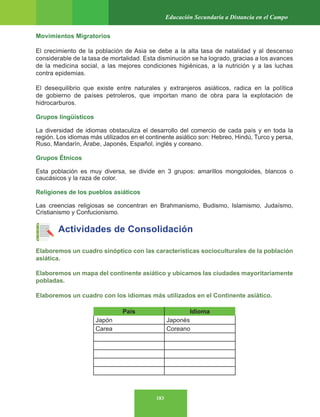 183
Educación Secundaria a Distancia en el Campo
Movimientos Migratorios
El crecimiento de la población de Asia se debe a la alta tasa de natalidad y al descenso
considerable de la tasa de mortalidad. Esta disminución se ha logrado, gracias a los avances
de la medicina social, a las mejores condiciones higiénicas, a la nutrición y a las luchas
contra epidemias.
El desequilibrio que existe entre naturales y extranjeros asiáticos, radica en la política
de gobierno de países petroleros, que importan mano de obra para la explotación de
hidrocarburos.
Grupos lingüísticos
La diversidad de idiomas obstaculiza el desarrollo del comercio de cada país y en toda la
región. Los idiomas más utilizados en el continente asiático son: Hebreo, Hindú, Turco y persa,
Ruso, Mandarín, Árabe, Japonés, Español, inglés y coreano.
Grupos Étnicos
Esta población es muy diversa, se divide en 3 grupos: amarillos mongoloides, blancos o
caucásicos y la raza de color.
Religiones de los pueblos asiáticos
Las creencias religiosas se concentran en Brahmanismo, Budismo, Islamismo, Judaísmo,
Cristianismo y Confucionismo.
Actividades de Consolidación
Elaboremos un cuadro sinóptico con las características socioculturales de la población
asiática.
Elaboremos un mapa del continente asiático y ubicamos las ciudades mayoritariamente
pobladas.
Elaboremos un cuadro con los idiomas más utilizados en el Continente asiático.
País Idioma
Japón Japonés
Carea Coreano
 