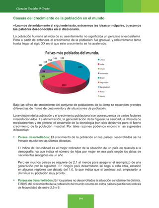 194
Ciencias Sociales 9 Grado
Causas del crecimiento de la población en el mundo
• Leamos detenidamente el siguiente texto, extraemos las ideas principales, buscamos
las palabras desconocidas en el diccionario.
La población humana al inicio de su asentamiento no significaba un perjuicio al ecosistema.
Pero a partir de entonces el crecimiento de la población fue gradual, y relativamente lento
hasta llegar al siglo XX en el que este crecimiento se ha acelerado.
Bajo las cifras de crecimiento del conjunto de pobladores de la tierra se esconden grandes
diferencias de ritmos de crecimiento y de situaciones de población.
La evolución de la población y el crecimiento poblacional son consecuencia de varios factores
interrelacionados. La alimentación, la generalización de la higiene, la sanidad, la difusión de
medicamentos y en general el desarrollo de la tecnología han sido decisivos para el fuerte
crecimiento de la población mundial. Por tales razones podemos encontrar las siguientes
diferencias:
• Países desarrollados: El crecimiento de la población en los países desarrollados se ha
frenado mucho en las últimas décadas.
El índice de fecundidad es el mejor indicador de la situación de un país en relación a la
demografía; ya que indica el número de hijos por mujer en ese país según los datos de
nacimientos recogidos en un año.
Pero en muchos países se requiere de 2,1 al menos para asegurar el reemplazo de una
generación por la siguiente. En ningún país desarrollado se llega a esta cifra, estando
en algunas regiones por debajo del 1,0, lo que indica que si continua así, empezarán a
disminuir su población muy pronto.
• Países no desarrollados: En los países no desarrollados la situación es totalmente distinta.
El 90% del crecimiento de la población del mundo ocurre en estos países que tienen índices
de fecundidad de entre 2,5 y 6.
 