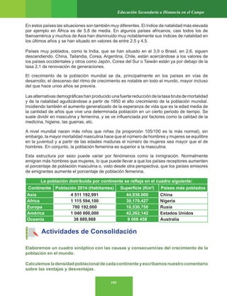 195
Educación Secundaria a Distancia en el Campo
En estos países las situaciones son también muy diferentes. El índice de natalidad más elevada
por ejemplo en África es de 5,8 de media. En algunos países africanos, casi todos los de
Iberoamérica y muchos de Asia han disminuido muy notablemente sus índices de natalidad en
los últimos años y se han situado en valores de entre 2,5 y 4,5.
Países muy poblados, como la India, que se han situado en el 3,9 o Brasil, en 2,6, siguen
descendiendo. China, Tailandia, Corea, Argentina, Chile, están acercándose a los valores de
los países occidentales y otros como Japón, Corea del Sur o Taiwán están ya por debajo de la
tasa 2,1 de renovación de generaciones.
El crecimiento de la población mundial se da, principalmente en los países en vías de
desarrollo; el descenso del ritmo de crecimiento es notable en todo el mundo, mayor incluso
del que hace unos años se preveía.
Las alternativas demográficas han producido una fuerte reducción de la tasa bruta de mortalidad
y de la natalidad agudizándose a partir de 1950 el alto crecimiento de la población mundial.
Incidiendo también el aumento generalizado de la esperanza de vida que es la edad media de
la cantidad de años que vive una determinada población en un cierto periodo de tiempo. Se
suele dividir en masculina y femenina, y se ve influenciada por factores como la calidad de la
medicina, higiene, las guerras, etc.
A nivel mundial nacen más niños que niñas (la proporción 105/100 es la más normal), sin
embargo, la mayor mortalidad masculina hace que el número de hombres y mujeres se equilibre
en la juventud y a partir de las edades maduras el número de mujeres sea mayor que el de
hombres. En conjunto, la población femenina es superior a la masculina.
Esta estructura por sexo puede variar por fenómenos como la inmigración. Normalmente
emigran más hombres que mujeres, lo que puede llevar a que los países receptores aumenten
el porcentaje de población masculina o, visto desde otra perspectiva, que los países emisores
de emigrantes aumente el porcentaje de población femenina.
Actividades de Consolidación
Elaboremos un cuadro sinóptico con las causas y consecuencias del crecimiento de la
población en el mundo.
Calculemosladensidadpoblacionaldecadacontinenteyescribamosnuestrocomentario
sobre las ventajas y desventajas.
La población distribuida por continente se refleja en el cuadro siguiente:
Continente Población 2014 (Habitantes) Superficie (Km2
) Países más poblados
Asia 4 511 192,991 44,936.000 China
Africa 1 115 594,100 30,170,427 Nigeria
Europa 780 192,000 10,530,750 Rusia
América 1 040 000,000 42,262,142 Estados Unidos
Oceanía 38 889,988 9 008 458 Australia
 