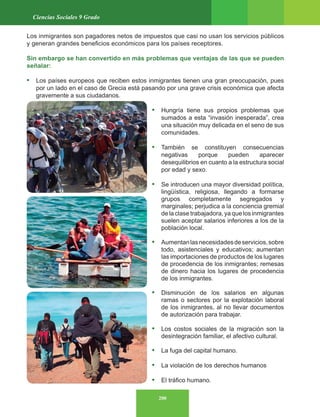 200
Ciencias Sociales 9 Grado
Los inmigrantes son pagadores netos de impuestos que casi no usan los servicios públicos
y generan grandes beneficios económicos para los países receptores.
Sin embargo se han convertido en más problemas que ventajas de las que se pueden
señalar:
• Los países europeos que reciben estos inmigrantes tienen una gran preocupación, pues
por un lado en el caso de Grecia está pasando por una grave crisis económica que afecta
gravemente a sus ciudadanos.
• Hungría tiene sus propios problemas que
sumados a esta “invasión inesperada”, crea
una situación muy delicada en el seno de sus
comunidades.
• También se constituyen consecuencias
negativas porque pueden aparecer
desequilibrios en cuanto a la estructura social
por edad y sexo.
• Se introducen una mayor diversidad política,
lingüística, religiosa, llegando a formarse
grupos completamente segregados y
marginales; perjudica a la conciencia gremial
de la clase trabajadora, ya que los inmigrantes
suelen aceptar salarios inferiores a los de la
población local.
• Aumentanlasnecesidadesdeservicios,sobre
todo, asistenciales y educativos; aumentan
las importaciones de productos de los lugares
de procedencia de los inmigrantes; remesas
de dinero hacia los lugares de procedencia
de los inmigrantes.
• Disminución de los salarios en algunas
ramas o sectores por la explotación laboral
de los inmigrantes, al no llevar documentos
de autorización para trabajar.
• Los costos sociales de la migración son la
desintegración familiar, el afectivo cultural.
• La fuga del capital humano.
• La violación de los derechos humanos
• El tráfico humano.
 