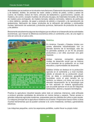 208
Ciencias Sociales 9 Grado
Actividades que se realizan en la industria manufacturera; Elaboración de productos alimenticios
y de bebidas, textiles, de prendas de vestir; adobo y teñido de pieles, curtido y adobo de
cueros; de maletas, bolsos de mano; artículos de talabartería y guarnicionería; calzado, de
madera y de corcho, excepto muebles; de artículos de paja y de materiales trenzable, de hojas
de madera para enchapado; de madera terciada, tableros laminados, tableros de partículas
y otros tableros, paneles, de papel y producto de edición e impresión y de reproducción de
grabaciones, fabricación de coque, productos de la refinación del petróleo y combustible
nuclear, fabricación de sustancias y productos químicos, fabricación de productos de caucho
y de plástico.
Brevemente estudiaremos algunas tecnologías que se utilizan en el desarrollo de las actividades
económicas, que marcan la diferencia económica entre un continente y otro, de una región a
otra así como de un país a otro.
América.
En América, Canadá y Estados Unidos son
países altamente industrializados con un
elevado dominio de la tecnología, esto les
ha permitido acelerar un sin fin de proceso
productivos y con ellos acumular una gran
riquezas.
Ambas naciones comparten elevados
niveles de desarrollo social que se traduce
en el bienestar de su población, en su nivel
educativo y oportunidades de desarrollo.
Estados Unidos se destaca en la producción
agrícola en el continente y a nivel mundial,
debido al elevado de su producción anual.
Esto se debe a condiciones geográficas
favorables como el gran tamaño se su
territorio, su relieve y su clima, así como a la
elevada mecanización de la tecnología que
se han aplicado en materia agropecuaria,
que se puede apreciar en el uso de máquinas
fertilizantes, abonos y equipos tecnológicos.
Practica la agricultura industrial basada sobre todo en sistemas intensivos, está enfocada
a producir grandes cantidades de alimentos en menos tiempo y espacio. Tienen acceso a
grandes máquinas agrícolas modernas, preparadas para los métodos de cultivo a gran escala.
La máquina principal de la agricultura moderna es el tractor. Proporciona fuerza motriz a otras
muchas herramientas que se pueden conectar a él, como moledoras, bombas y generadores
eléctricos.
Las máquinas pequeñas, como los aspersores portátiles, suelen llevar su propio motor.
Las máquinas sembradoras tiene como
misión colocar en el terreno, bien
sobre todas la superficie o bien en
líneas equidistantes, las más diversas
clases de semillas, sin dañarlas y a una
profundidad uniforme.
 