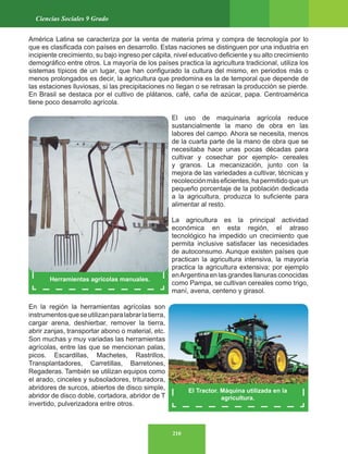 210
Ciencias Sociales 9 Grado
América Latina se caracteriza por la venta de materia prima y compra de tecnología por lo
que es clasificada con países en desarrollo. Estas naciones se distinguen por una industria en
incipiente crecimiento, su bajo ingreso per cápita, nivel educativo deficiente y su alto crecimiento
demográfico entre otros. La mayoría de los países practica la agricultura tradicional, utiliza los
sistemas típicos de un lugar, que han configurado la cultura del mismo, en periodos más o
menos prolongados es decir, la agricultura que predomina es la de temporal que depende de
las estaciones lluviosas, si las precipitaciones no llegan o se retrasan la producción se pierde.
En Brasil se destaca por el cultivo de plátanos, café, caña de azúcar, papa. Centroamérica
tiene poco desarrollo agrícola.
El uso de maquinaria agrícola reduce
sustancialmente la mano de obra en las
labores del campo. Ahora se necesita, menos
de la cuarta parte de la mano de obra que se
necesitaba hace unas pocas décadas para
cultivar y cosechar por ejemplo- cereales
y granos. La mecanización, junto con la
mejora de las variedades a cultivar, técnicas y
recolecciónmáseficientes,hapermitidoqueun
pequeño porcentaje de la población dedicada
a la agricultura, produzca lo suficiente para
alimentar al resto.
La agricultura es la principal actividad
económica en esta región, el atraso
tecnológico ha impedido un crecimiento que
permita inclusive satisfacer las necesidades
de autoconsumo. Aunque existen países que
practican la agricultura intensiva, la mayoría
practica la agricultura extensiva; por ejemplo
enArgentina en las grandes llanuras conocidas
como Pampa, se cultivan cereales como trigo,
maní, avena, centeno y girasol.
En la región la herramientas agrícolas son
instrumentosqueseutilizanparalabrarlatierra,
cargar arena, deshierbar, remover la tierra,
abrir zanjas, transportar abono o material, etc.
Son muchas y muy variadas las herramientas
agrícolas, entre las que se mencionan palas,
picos. Escardillas, Machetes, Rastrillos,
Transplantadores, Carretillas, Barretones,
Regaderas. También se utilizan equipos como
el arado, cinceles y subsoladores, trituradora,
abridores de surcos, abiertos de disco simple,
abridor de disco doble, cortadora, abridor de T
invertido, pulverizadora entre otros.
Herramientas agrícolas manuales.
El Tractor. Máquina utilizada en la
agricultura.
 