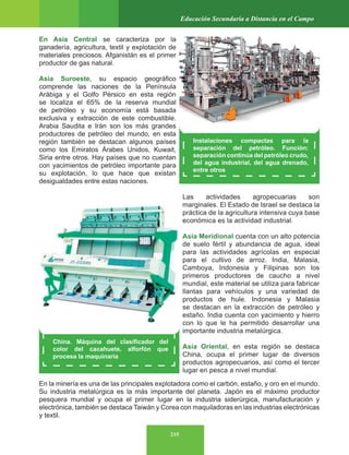 215
Educación Secundaria a Distancia en el Campo
En Asia Central se caracteriza por la
ganadería, agricultura, textil y explotación de
materiales preciosos. Afganistán es el primer
productor de gas natural.
Asia Suroeste, su espacio geográfico
comprende las naciones de la Península
Arábiga y el Golfo Pérsico en esta región
se localiza el 65% de la reserva mundial
de petróleo y su economía está basada
exclusiva y extracción de este combustible.
Arabia Saudita e Irán son los más grandes
productores de petróleo del mundo, en esta
región también se destacan algunos países
como los Emiratos Árabes Unidos, Kuwait,
Siria entre otros. Hay países que no cuentan
con yacimientos de petróleo importante para
su explotación, lo que hace que existan
desigualdades entre estas naciones.
Las actividades agropecuarias son
marginales. El Estado de Israel se destaca la
práctica de la agricultura intensiva cuya base
económica es la actividad industrial.
Asia Meridional cuenta con un alto potencia
de suelo fértil y abundancia de agua, ideal
para las actividades agrícolas en especial
para el cultivo de arroz. India, Malasia,
Camboya, Indonesia y Filipinas son los
primeros productores de caucho a nivel
mundial, este material se utiliza para fabricar
llantas para vehículos y una variedad de
productos de hule. Indonesia y Malasia
se destacan en la extracción de petróleo y
estaño. India cuenta con yacimiento y hierro
con lo que le ha permitido desarrollar una
importante industria metalúrgica.
Asia Oriental, en esta región se destaca
China, ocupa el primer lugar de diversos
productos agropecuarios, así como el tercer
lugar en pesca a nivel mundial.
En la minería es una de las principales explotadora como el carbón, estaño, y oro en el mundo.
Su industria metalúrgica es la más importante del planeta. Japón es el máximo productor
pesquera mundial y ocupa el primer lugar en la industria siderúrgica, manufacturación y
electrónica, también se destaca Taiwán y Corea con maquiladoras en las industrias electrónicas
y textil.
Instalaciones compactas para la
separación del petróleo. Función:
separación continúa del petróleo crudo,
del agua industrial, del agua drenado,
entre otros
China. Máquina del clasificador del
color del cacahuete, alforfón que
procesa la maquinaria
 