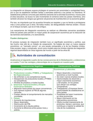 237
Educación Secundaria a Distancia en el Campo
La integración en bloques supone privilegiar el comercio por proximidad o contigüidad física,
por lo que se establecen también tarifas o aranceles externos a los países no miembros. Al
establecerse políticas comunes para distintos sectores de la actividad económica, incluso para
el área educativa, se busca no sólo incrementar el comercio entre los países miembros, sino
también alivianar los riesgos que generan situaciones de incertidumbre en la economía global.
Por eso, es importante que los acuerdos firmados se respeten y que no tienda a privilegiarse
más a unos países que a otros. De todos modos, las desigualdades internas existen, incluso
en el bloque europeo, que es el más antiguo.
Los mecanismos de integración económica se realizan en diferentes convenios acordados
entre los países para permitir un mayor grado de cooperación económica por la reducción de
las barreras arancelarias y no arancelarias.
Pueden distinguirse:
El proceso europeo de integración también tuvo un significado económico y político, que
iba mucho más allá de un tratado de cooperación. Se trataba de crear un nuevo espacio
económico, un “mercado común”, en una escala comparable a la de los Estados Unidos.
Este proceso, largo y complicado, sirvió como modelo para los tímidos intentos de integración
regional desarrollados en otras regiones del mundo a partir de los años 60.
Actividades de consolidación
Analicemos el siguiente cuadro de las consecuencias de la Globalización, y elaboremos
un cuadro T con las ventajas y desventajas de su impacto en nuestro país.
Consecuencias Negativas Consecuencias Positivas
Económicas y Laborales:
1. Productores Locales, PYMES, y Trabajadores
No Especializados:
• Se enfrentan a una competencia injusta.
• Desaparición de productores locales y PYMES
no competitivas.
• Pérdida de empleos a niveles locales.
2. Empresas Transnacionales y Grupos
Financieros Globales:
• Migración hacia países de mayor conveniencia.
• Sus ingresos superan al PIB de algunas
naciones.
• Pueden afectar el comportamiento de mercados
mundiales.
3. Países:
• Aumento de importaciones.
• Mayor desempleo.
• Disminución del PIB.
• Incremento de la deuda pública.
• Aumenta la diferencia entre países ricos y
pobres.
Económicas y Laborales:
• Mayor desarrollo y crecimiento
económico a nivel mundial.
• Se crean nuevos empleos locales.
• Oportunidades de desarrollo y
mayor crecimiento económico
y del empleo, en los países
que utilizan sus ventajas
comparativas.
• Trabajadores y Empresas tienen
oportunidades de establecerse en
otros países.
• Posibilidad de hacer inversiones
en otras economías.
• Mayor información en los
intercambios económicos.
• Oferta mundial impresionante de
productos, bienes y servicios, que
contribuye a mejorar la calidad de
vida de los ciudadanos.
 