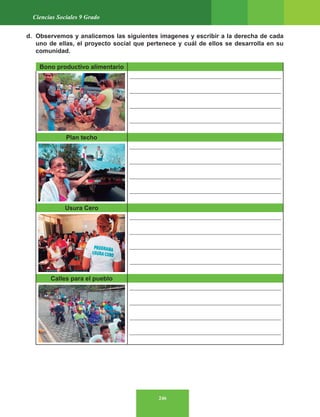 246
Ciencias Sociales 9 Grado
d. Observemos y analicemos las siguientes imagenes y escribir a la derecha de cada
uno de ellas, el proyecto social que pertenece y cuál de ellos se desarrolla en su
comunidad.
Bono productivo alimentario
_________________________________________________
_________________________________________________
_________________________________________________
_________________________________________________
Plan techo
_________________________________________________
_________________________________________________
_________________________________________________
_________________________________________________
Usura Cero
_________________________________________________
_________________________________________________
_________________________________________________
_________________________________________________
Calles para el pueblo
_________________________________________________
_________________________________________________
_________________________________________________
_________________________________________________
 