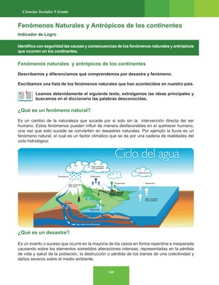 248
Ciencias Sociales 9 Grado
Fenómenos Naturales y Antrópicos de los continentes
Indicador de Logro
Identifica con seguridad las causas y consecuencias de los fenómenos naturales y antrópicos
que ocurren en los continentes.
Fenómenos naturales y antrópicos de los continentes
Describamos y diferenciamos qué comprendemos por desastre y fenómeno.
Escribamos una lista de los fenómenos naturales que han acontecidos en nuestro país.
Leamos detenidamente el siguiente texto, extraigamos las ideas principales y
buscamos en el diccionario las palabras desconocidas.
¿Qué es un fenómeno natural?
Es un cambio de la naturaleza que sucede por si solo sin la intervención directa del ser
humano. Estos fenómenos pueden influir de manera desfavorables en el quehacer humano,
una vez que esto sucede se convierten en desastres naturales. Por ejemplo la lluvia es un
fenómeno natural, el cual es un factor climático que se da por una cadena de realidades del
ciclo hidrológico.
¿Qué es un desastre?
Es un evento o suceso que ocurre en la mayoría de los casos en forma repentina e inesperada
causando sobre los elementos sometidos alteraciones intensas, representadas en la pérdida
de vida y salud de la población, la destrucción o pérdida de los bienes de una colectividad y
daños severos sobre el medio ambiente.
 