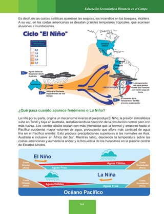261
Educación Secundaria a Distancia en el Campo
Es decir, en las costas asiáticas aparecen las sequías, los incendios en los bosques, etcétera.
A su vez, en las costas americanas se desatan grandes temporales tropicales, que acarrean
aluviones e inundaciones.
¿Qué pasa cuando aparece fenómeno o La Niña?
La niña por su parte, origina un mecanismo inverso al que produjo El Niño, la presión atmosférica
sube en Tahití y baja en Australia, restableciendo la dirección de la circulación normal pero con
más fuerza. Los vientos alisios soplan con más intensidad que la normal y arrastran hacia el
Pacífico occidental mayor volumen de agua, provocando que aflore más cantidad de agua
fría en el Pacífico oriental. Esto produce precipitaciones superiores a las normales en Asia,
Australia e inclusive en África del Sur. Mientras tanto, desciende la temperatura sobre las
costas americanas y aumenta la aridez y la frecuencia de los huracanes en la planicie central
de Estados Unidos.
Aguas Cálidas
Aguas Cálidas
Océano Pacífico
El Niño
La Niña
Aguas Frías
Costa
Oriental
(Asia)
Costa
Occiedental
(Perú)
Costa
Occiedental
(Perú)
Costa
Oriental
(Asia) Aguas Frías
 