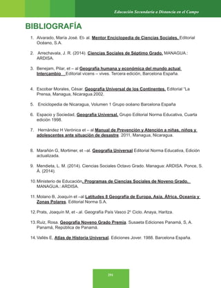 291
Educación Secundaria a Distancia en el Campo
BIBLIOGRAFÍA
1. Alvarado, María José. Et- al. Mentor Enciclopedia de Ciencias Sociales. Editorial
Océano, S.A.
2. Arrechavala, J. R. (2014). Ciencias Sociales de Séptimo Grado. MANAGUA.:
ARDISA.
3. Benejam, Pilar, et – al Geografía humana y económica del mundo actual
Intercambio Editorial vicens – vives. Tercera edición, Barcelona España.
4. Escobar Morales, César. Geografía Universal de los Continentes. Editorial “La
Prensa, Managua, Nicaragua.2002.
5. Enciclopedia de Nicaragua, Volumen 1 Grupo océano Barcelona España
6. Espacio y Sociedad, Geografía Universal. Grupo Editorial Norma Educativa, Cuarta
edición 1998.
7. Hernández H Verónica et – al Manual de Prevención y Atención a niñas, niños y
adolescentes ante situación de desastre. 2011, Managua, Nicaragua.
8. Marañón G, Mortimer, et –al. Geografía Universal Editorial Norma Educativa, Edición
actualizada.
9. Mendieta, L. M. (2014). Ciencias Sociales Octavo Grado. Managua: ARDISA. Ponce, S.
Á. (2014).
10.Ministerio de Educación, Programas de Ciencias Sociales de Noveno Grado.
MANAGUA.: ARDISA.
11. Molano B, Joaquín et –al Latitudes 8 Geografía de Europa, Asia, África, Oceanía y
Zonas Polares. Editorial Norma S.A.
12.Prats, Joaquín M, et -.al. Geografía País Vasco 20.
Ciclo. Anaya, Haritza.
13.Ruiz, Rosa. Geografía Noveno Grado Premia. Susaeta Ediciones Panamá, S, A.
Panamá, República de Panamá.
14.Vallés E, Atlas de Historia Universal. Ediciones Jover. 1988. Barcelona España.
 