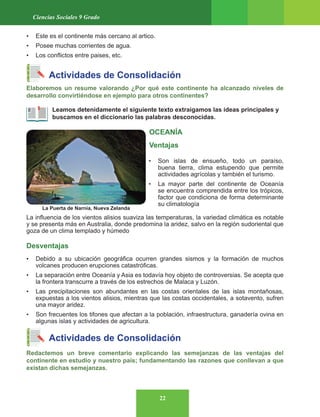 22
Ciencias Sociales 9 Grado
• Este es el continente más cercano al artico.
• Posee muchas corrientes de agua.
• Los conflictos entre paises, etc.
Actividades de Consolidación
Elaboremos un resume valorando ¿Por qué este continente ha alcanzado niveles de
desarrollo convirtiéndose en ejemplo para otros continentes?
Leamos detenidamente el siguiente texto extraigamos las ideas principales y
buscamos en el diccionario las palabras desconocidas.
OCEANÍA
Ventajas
• Son islas de ensueño, todo un paraíso,
buena tierra, clima estupendo que permite
actividades agrícolas y también el turismo.
• La mayor parte del continente de Oceanía
se encuentra comprendida entre los trópicos,
factor que condiciona de forma determinante
su climatología
La influencia de los vientos alisios suaviza las temperaturas, la variedad climática es notable
y se presenta más en Australia, donde predomina la aridez, salvo en la región sudoriental que
goza de un clima templado y húmedo
Desventajas
• Debido a su ubicación geográfica ocurren grandes sismos y la formación de muchos
volcanes producen erupciones catastróficas.
• La separación entre Oceanía y Asia es todavía hoy objeto de controversias. Se acepta que
la frontera transcurre a través de los estrechos de Malaca y Luzón.
• Las precipitaciones son abundantes en las costas orientales de las islas montañosas,
expuestas a los vientos alisios, mientras que las costas occidentales, a sotavento, sufren
una mayor aridez.
• Son frecuentes los tifones que afectan a la población, infraestructura, ganadería ovina en
algunas islas y actividades de agricultura.
Actividades de Consolidación
Redactemos un breve comentario explicando las semejanzas de las ventajas del
continente en estudio y nuestro país; fundamentando las razones que conllevan a que
existan dichas semejanzas.
La Puerta de Narnia, Nueva Zelanda
 