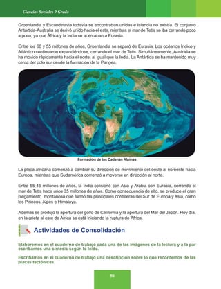 50
Ciencias Sociales 9 Grado
Groenlandia y Escandinavia todavía se encontraban unidas e Islandia no existía. El conjunto
Antártida-Australia se derivó unido hacia el este, mientras el mar de Tetis se iba cerrando poco
a poco, ya que África y la India se acercaban a Eurasia.
Entre los 60 y 55 millones de años, Groenlandia se separó de Eurasia. Los océanos Índico y
Atlántico continuaron expandiéndose, cerrando el mar de Tetis. Simultáneamente, Australia se
ha movido rápidamente hacia el norte, al igual que la India. La Antártida se ha mantenido muy
cerca del polo sur desde la formación de la Pangea.
La placa africana comenzó a cambiar su dirección de movimiento del oeste al noroeste hacia
Europa, mientras que Sudamérica comenzó a moverse en dirección al norte.
Entre 55-45 millones de años, la India colisionó con Asia y Arabia con Eurasia, cerrando el
mar de Tetis hace unos 35 millones de años. Como consecuencia de ello, se produce el gran
plegamiento montañoso que formó las principales cordilleras del Sur de Europa y Asia, como
los Pirineos, Alpes e Himalaya.
Además se produjo la apertura del golfo de California y la apertura del Mar del Japón. Hoy día,
en la grieta al este de África se está iniciando la ruptura de África.
Actividades de Consolidación
Elaboremos en el cuaderno de trabajo cada una de las imágenes de la lectura y a la par
escribamos una síntesis según lo leído.
Escribamos en el cuaderno de trabajo una descripción sobre lo que recordemos de las
placas tectónicas.
Formación de las Cadenas Alpinas
 