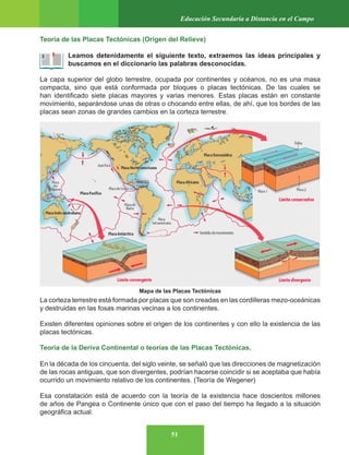 51
Educación Secundaria a Distancia en el Campo
Teoría de las Placas Tectónicas (Origen del Relieve)
Leamos detenidamente el siguiente texto, extraemos las ideas principales y
buscamos en el diccionario las palabras desconocidas.
La capa superior del globo terrestre, ocupada por continentes y océanos, no es una masa
compacta, sino que está conformada por bloques o placas tectónicas. De las cuales se
han identificado siete placas mayores y varias menores. Estas placas están en constante
movimiento, separándose unas de otras o chocando entre ellas, de ahí, que los bordes de las
placas sean zonas de grandes cambios en la corteza terrestre.
La corteza terrestre está formada por placas que son creadas en las cordilleras mezo-oceánicas
y destruidas en las fosas marinas vecinas a los continentes.
Existen diferentes opiniones sobre el origen de los continentes y con ello la existencia de las
placas tectónicas.
Teoría de la Deriva Continental o teorías de las Placas Tectónicas.
En la década de los cincuenta, del siglo veinte, se señaló que las direcciones de magnetización
de las rocas antiguas, que son divergentes, podrían hacerse coincidir si se aceptaba que había
ocurrido un movimiento relativo de los continentes. (Teoría de Wegener)
Esa constatación está de acuerdo con la teoría de la existencia hace doscientos millones
de años de Pangea o Continente único que con el paso del tiempo ha llegado a la situación
geográfica actual.
Mapa de las Placas Tectónicas
 