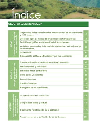 Índice
GEOGRAFÍA DE NICARAGUA
UNIDAD
I
Conozcamos
la
Geografía
de
los
Continentes
Diagnóstico de los conocimientos previos acerca de los continentes
y de Nicaragua
2
Diferentes tipos de mapas (Representaciones Cartográficas) 3
Posición geográfica y astronómica de los continentes 10
Ventajas y desventajas de la posición geográfica y astronómica de
los continentes
17
Huso horario 23
Organización política y administrativa de los continentes 26
UNIDAD
2
Paisaje
geográfico
de
los
Continentes
Características físico geográficas de los Continentes 47
Zonas sísmicas y volcánicas 57
El Relieve de los continentes 73
Clima de los Continentes 85
Zonas Climáticas 97
Cambio Climático 100
Hidrografía de los continentes 103
UNIDAD
3
Conozcamos
la
diversidad
de
seres
humanos
en
nuestro
planeta
La población de los continentes 126
Composición étnica y cultural 133
Crecimiento y distribución de la población 175
Requerimiento de la población de los continentes 202
 