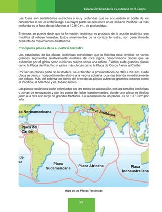 55
Educación Secundaria a Distancia en el Campo
Las fosas son entalladuras estrechas y muy profundas que se encuentran al borde de los
continentes o de un archipiélago. La mayor parte se encuentra en el Océano Pacífico. La más
profunda es la fosa de las Marinas a 10,910 m., de profundidad.
Entonces se puede decir que la formación tectónica es producto de la acción tectónica que
modifica el relieve terrestre. Estos movimientos de la corteza terrestre, son generalmente
producto de movimientos diastróficos.
Principales placas de la superficie terrestre
Los estudiosos de las placas tectónicas consideran que la litósfera está dividida en varios
grandes segmentos relativamente estables de roca rígida, denominados placas que se
extienden por el globo como cubiertas curvos sobre una esfera. Existen siete grandes placas
como la Placa del Pacífico y varias más chicas como la Placa de Cocos frente al Caribe.
Por ser las placas parte de la litósfera, se extienden a profundidades de 100 a 200 km. Cada
placa se desliza horizontalmente relativa a la vecina sobre la roca más blanda inmediatamente
por debajo. Más del setenta por ciento del área de las placas cubre los grandes océanos como
el Pacífico, el Atlántico y el Océano Indico.
Las placas tectónicas están delimitadas por las zonas de subducción, por las dorsales oceánicas
o zonas de renovación y por las zonas de fallas transformantes, donde una placa se desliza
junto a la otra a lo largo de grandes fracturas. La separación de las placas es de 1 a 10 cm por
año.
Mapa de las Placas Tectónicas
Placa
Sudamericana
ca Norteamericana
de
ca
Placa Anatólica
Placa del
Caribe
Placa
Indoaustraliana
Placa Africana
 