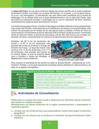 61
Educación Secundaria a Distancia en el Campo
La placa del Coco, es una placa tectónica debajo del océano pacífico de la costa occidental
de América Central, sus límites con la placa del Pacífico, en el oeste, y con la placa Nazca,
en el sur, son divergentes. La delimitación con esta última está constituida por la dorsal de
Galápagos. En el noreste limita con la placa Norteamericana y con la placa del Caribe, bajo
las cuales es subducida (hundida o sumergida) por lo cual el vulcanismo del Arco volcánico
centroamericano origina fuertes terremotos en la zona.
La colisión de las placas Cocos y Caribe en Nicaragua se refleja mediante el corte perpendicular
a las costas del Pacífico. Esta repercute en la distribución de sismos y en la profundidad, esta
colisión es provocada por el choque de las dos placas (Coco y Caribe), la Placa de Coco se
mueve entre 8 y 9 centímetros al año en dirección Este y la Placa Caribe se mueve 1 centímetro
al año en dirección Oeste, al chocar las dos placas, una de ella cede (Coco) y se va abajo con
dirección al manto, produciéndose los sismos en la denominada zona de subducción.
Alrededor del 90 % de los terremotos del
mundo y el 80 % de los terremotos más
grandes del mundo se producen a lo largo del
Cinturón de Fuego. La segunda región más
sísmica (5-6 % de los terremotos y el 17 %
de terremotos más grandes del mundo) es
el cinturón Alpide, el cual se extiende desde
Java a Sumatra a través del Himalaya, el
Mediterráneo hasta el Atlántico.
Para conocer la intensidad de los sismos se utiliza la “Escala Richter”, establecida por el Dr.
Charles F. Richter, y sirve para representar la energía sísmica liberada en cada terremoto y se
basa en el registro sismográfico.
Actividades de Consolidación
Elaboremos un croquis del mapa mundi y ubiquemos las diferentes placas tectónicas
que existen en el globo terráqueo.
Identifiquemos las placas tectónicas de la región centroamericana y respondaeos la
siguiente pregunta.
a. ¿Cuáles son las consecuencias que puede padecer nuestro país según la ubicación
geográfica?
b. ¿Cuáles son los efectos que se producen al colisionar las placas tectónicas? Zona
volcánica
Magnitud en Escala de Richter - Efectos de terremoto
Menos de 3.5 Generalmente no se siente, pero es registrado
3.5 – 5.4 A menudo se siente, pero sólo causa daños menores
5.5 – 6.0 Ocasiona daños ligeros a edificios
6.1 – 6.9 Puede ocasionar daños severos en áreas muy pobladas
7.0 – 7.9 Terremoto mayor. Causa graves daños
8 o mayor Gran terremoto. Destrucción total a comunidades cercanas
Terremoto en Ecuador (Abril 2016)
 