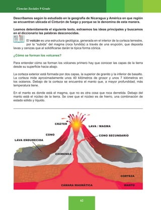62
Ciencias Sociales 9 Grado
Describamos según lo estudiado en la geografía de Nicaragua y América en que región
se encuentran ubicada el Cinturón de fuego y porque se le denomina de esta manera.
Leamos detenidamente el siguiente texto, extraemos las ideas principales y buscamos
en el diccionario las palabras desconocidas.
El volcán es una estructura geológica, generada en el interior de la corteza terrestre,
por la “subida” del magma (roca fundida) a través de una erupción, que deposita
lavas y cenizas que al solidificarse darán la típica forma cónica.
¿Cómo se forman los volcanes?
Para entender cómo se forman los volcanes primero hay que conocer las capas de la tierra
desde su superficie hacia abajo.
La corteza exterior está formada por dos capas, la superior de granito y la inferior de basalto.
La corteza mide aproximadamente unos 40 kilómetros de grosor y unos 7 kilómetros en
los océanos. Debajo de la corteza se encuentra el manto que, a mayor profundidad, más
temperatura tiene.
En el manto es donde está el magma, que no es otra cosa que roca derretida. Debajo del
manto está el núcleo de la tierra. Se cree que el núcleo es de hierro, una combinación de
estado sólido y líquido.
MANTO
CORTEZA
CÁMARA MAGMÁTICA
LAVA ENDURECIDA
CHIMENEA
LAVA / MAGMA
CONO SECUNDARIO
CONO
CRÁTER
 