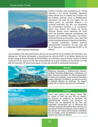 80
Ciencias Sociales 9 Grado
América Central está constituida por tierras
ístmicas y por tierras insulares, dispersas
estas últimas por un amplio mar (Caribe o de
las Antillas), definido como el Mediterráneo
americano. Se trata de una región con un
relieve joven, no asentada todavía y en
continua evolución. Por ello, son frecuentes
los movimientos sísmicos y un vulcanismo
activo muy notorio. De hecho, las tierras
ístmicas actúan como elemento de unión
entre los grandes sistemas montañosos del
terciario, las montañas Rocosas y los Andes.
América Central se encuentra, pues, recorrida
ininterrumpidamente por relieves montañosos,
a menudo volcánicos. Existen diversos
alineamientos volcánicos. El pico más alto
es el Tajumulco, en Guatemala (4.220 m de
altitud).
Las montañas más altas de América del Sur se encuentran en la cordillera de los Andes, que
alberga los 103 picos principales y secundarios de más de 6.000 m de altitud. Aparte de los
Andes, hasta la Sierra Nevada de Santa Marta, en Colombia, para encontrar el pico Cristóbal
Colón (5.776 m), que es el más alto prescindiendo de la gran cordillera de los Andes y el más
alto de Colombia. El Cerro Aconcagua, el más alto de todo el continente americano.
Mesetas
Regiones elevadas y relativamente planas,
también llamadas altiplanicies o altiplanos, es
decir, llanuras elevadas. En África predomina
el relieve de mesetas, como la de los Grandes
Lagos yAbisinia. En México, se ubica al centro
la poblada Meseta de Anáhuac. Su origen
puede ser el mismo que para las montañas.
Llanuras
Tierra casi planas con alturas hasta 500
m. sobre el nivel del mar. Por su origen,
las llanuras se clasifican en aluviales, de
sedimentación marina. Las primeras se
forman con los depósitos de los ríos; las
segundas constituidas por la elevación de
terrenos cubiertos de sedimentos marinos, ya
que fueron fondo de antiguos mares o lagos, y
las últimas son restos de montañas niveladas
por la erosión, como la Siberiana y la llanura
costera del Golfo de México.
Volcán Tajumulco Guatemala
 