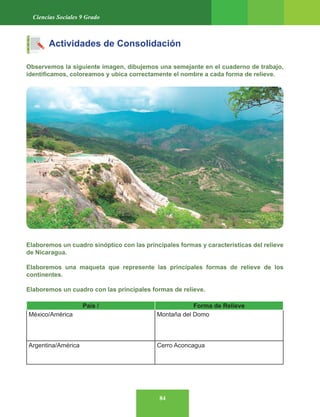 84
Ciencias Sociales 9 Grado
Actividades de Consolidación
Observemos la siguiente imagen, dibujemos una semejante en el cuaderno de trabajo,
identificamos, coloreamos y ubica correctamente el nombre a cada forma de relieve.
Elaboremos un cuadro sinóptico con las principales formas y características del relieve
de Nicaragua.
Elaboremos una maqueta que represente las principales formas de relieve de los
continentes.
Elaboremos un cuadro con las principales formas de relieve.
País / Forma de Relieve
México/América Montaña del Domo
Argentina/América Cerro Aconcagua
 