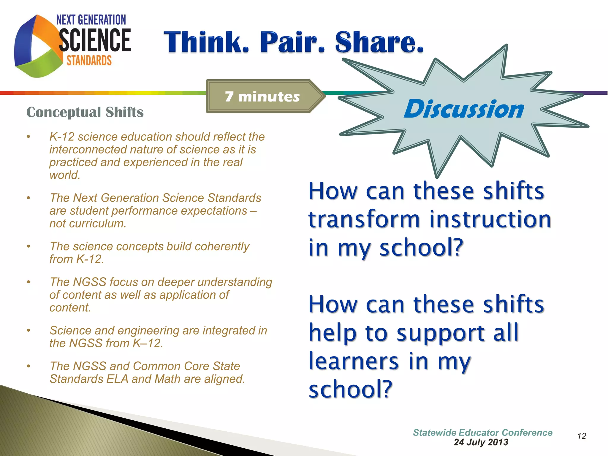 12 
Conceptual Shifts 
•K-12 science education should reflect the interconnected nature of science as it is practiced and experienced in the real world. 
•The Next Generation Science Standards are student performance expectations – not curriculum. 
•The science concepts build coherently from K-12. 
•The NGSS focus on deeper understanding of content as well as application of content. 
•Science and engineering are integrated in the NGSS from K–12. 
•The NGSS and Common Core State Standards ELA and Math are aligned. 
How can these shifts transform instruction in my school? 
How can these shifts help to support all learners in my school? 
Discussion 
7 minutes 
7 October 2014 
Information Updated  