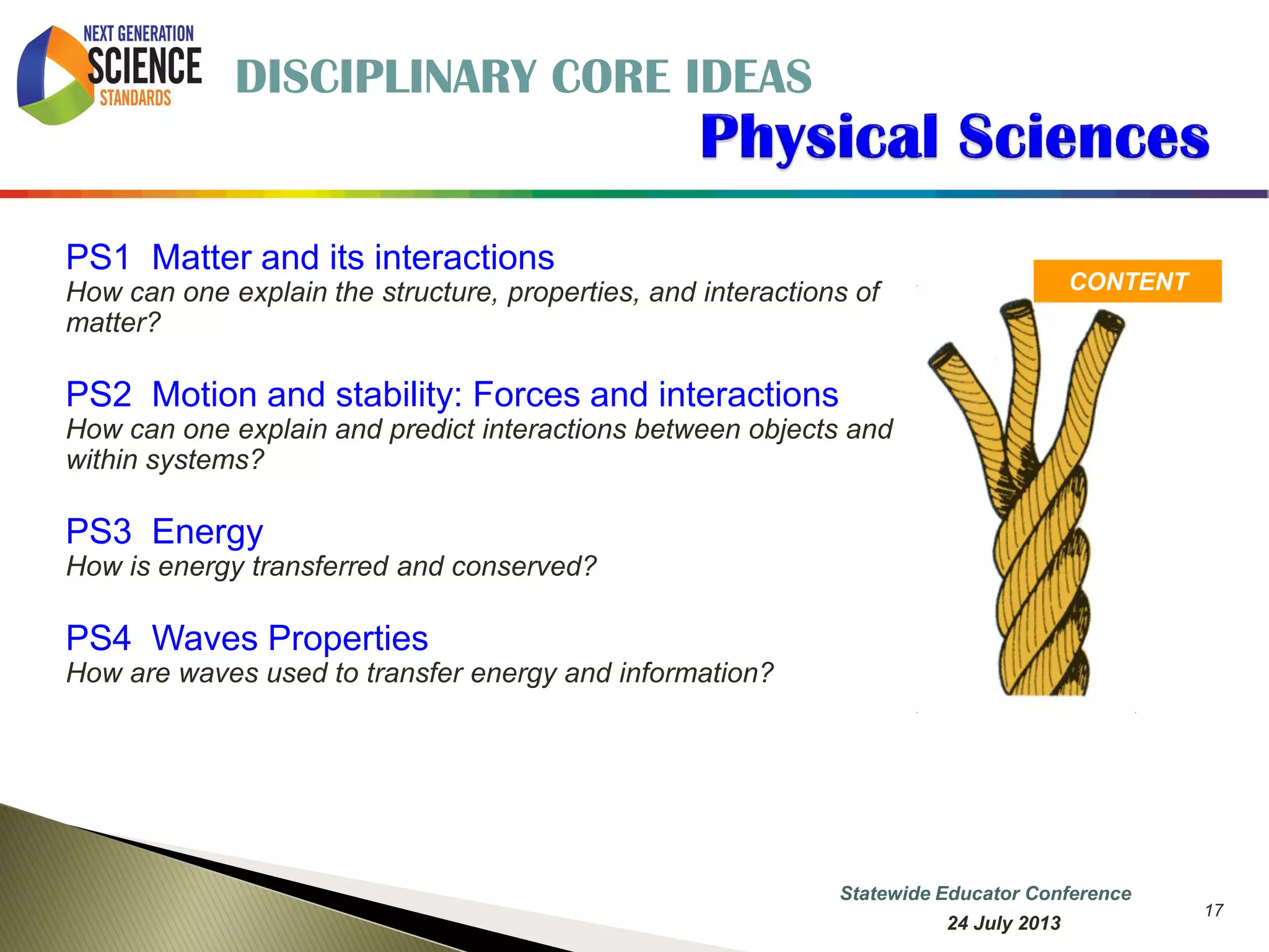 17 
CONTENT 
PS1 Matter and its interactions How can one explain the structure, properties, and interactions of matter? 
PS2 Motion and stability: Forces and interactions How can one explain and predict interactions between objects and within systems? 
PS3 Energy How is energy transferred and conserved? 
PS4 Waves Properties How are waves used to transfer energy and information? 
DISCIPLINARY CORE IDEAS 
7 October 2014 
Information Updated  