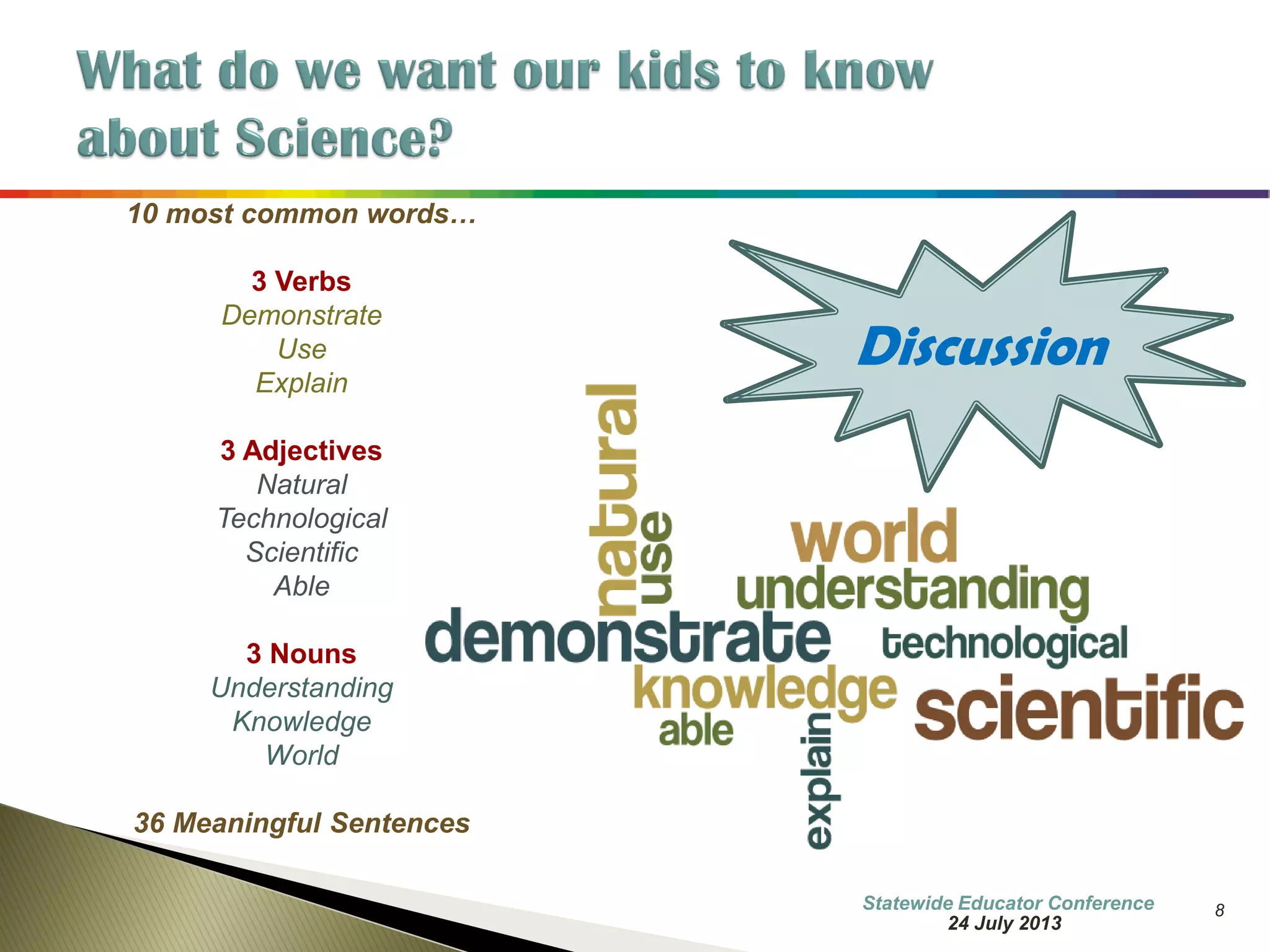8 
10 most common words… 
3 Verbs 
Demonstrate 
Use 
Explain 
4 Adjectives 
Natural 
Technological 
Scientific 
Able 
3 Nouns 
Understanding 
Knowledge 
World 
36 Meaningful Sentences 
Discussion 
7 October 2014 
Information Updated  