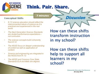 12 
Conceptual Shifts 
•K-12 science education should reflect the interconnected nature of science as it is practiced and experienced in the real world. 
•The Next Generation Science Standards are student performance expectations – not curriculum. 
•The science concepts build coherently from K-12. 
•The NGSS focus on deeper understanding of content as well as application of content. 
•Science and engineering are integrated in the NGSS from K–12. 
•The NGSS and Common Core State Standards ELA and Math are aligned. 
How can these shifts transform instruction in my school? 
How can these shifts help to support all learners in my school? 
Discussion 
7 minutes 
7 October 2014 
Information Updated  