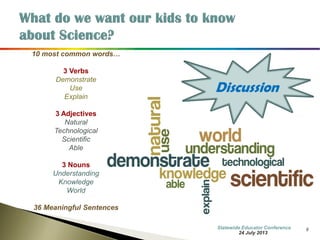 8 
10 most common words… 
3 Verbs 
Demonstrate 
Use 
Explain 
4 Adjectives 
Natural 
Technological 
Scientific 
Able 
3 Nouns 
Understanding 
Knowledge 
World 
36 Meaningful Sentences 
Discussion 
7 October 2014 
Information Updated  
