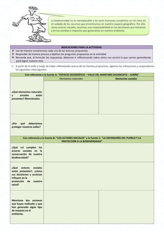  A partir de lo leído y luego de haber reflexionado acerca de las fuentes propuestas, sigamos las indicaciones y respondamos
las siguientes interrogantes.
INDICACIONES PARA LA ACTIVIDAD
 Lee de manera comprensiva cada una de las lecturas propuestas.
 Responder de manera precisa y objetiva las preguntas propuestas en la actividad.
 Recuerda que, al formular las respuestas, debemos ir reflexionando sobre cómo nos servirá lo que vamos aprendiendo
para lograr nuestro reto.
Con referencia a la fuente A: “ESPACIO GEOGRÁFICO – VALLE DEL MANTARO (HUANCAYO – JUNÍN)”
¿Qué elementos naturales
y sociales están
presentes? Menciónalos.
Elementos naturales Elementos sociales
¿Por qué deberíamos
proteger nuestros valles?
Con referencia a la fuente B: “LOS ACTORES SOCIALES” y la fuente C: “LA DEFENSORÍA DEL PUEBLO Y LA
PROTECCIÓN A LA BIODIVERSIDAD”
¿Qué rol cumplen los
actores sociales en la
conservación de nuestra
biodiversidad?
¿Qué actores sociales
están presentes?, ¿cómo
sus decisiones y acciones
influyen en la
protección de nuestra
salud?
Menciona dos acciones
que hayas realizado y que
han generado algún tipo
de impacto en el
ambiente.
La biodiversidad no es reemplazable y los seres humanos cumplimos un rol clave en
el cuidado de los recursos que encontramos en nuestro espacio geográfico. Por ello,
como actores sociales, tenemos una responsabilidad en las decisiones que tomamos
y en los cambios e impactos que generamos en nuestro ambiente.
 