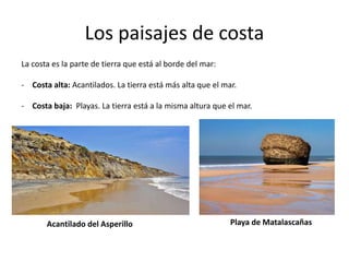 Los paisajes de costa
La costa es la parte de tierra que está al borde del mar:
- Costa alta: Acantilados. La tierra está más alta que el mar.
- Costa baja: Playas. La tierra está a la misma altura que el mar.
Acantilado del Asperillo Playa de Matalascañas