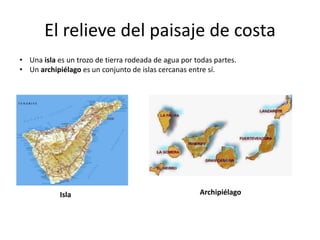 El relieve del paisaje de costa
• Una isla es un trozo de tierra rodeada de agua por todas partes.
• Un archipiélago es un conjunto de islas cercanas entre sí.
Isla Archipiélago