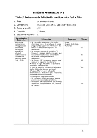 SESIÓN DE APRENDIZAJE Nº 1
Título: El Problema de la Delimitación marítima entre Perú y Chile
1. Área : Ciencias Sociales
2. Componente : Espacio Geográfico, Sociedad y Economía
3. Grado y sección : 3º
4. Duración : 3 horas
5. Secuencia didáctica :
Aprendizajes
Esperados
Estrategias Recursos Tiempo
Argumenta
explicaciones
sobre procesos
temporales,
históricos y
geográficos
sobre el
problema de la
Delimitación
marítima entre
Perú y Chile.
- Se recoge los saberes previos de los
alumnos a través de una lluvia de ideas
preguntando: ¿Conocen información del
tema? Se anotara en la pizarra sus
respuestas.
- Se entrega recortes de periódico “El
Peruano” y otros a los alumnos para que
lean en forma silenciosa aplicando la
técnica del subrayado de ideas
principales.
- Se forman 4 ó 5 grupos de trabajo para
resolver el siguiente cuestionario:
A inicios de siglo XX ¿Cómo se ejercía la
soberanía sobre el mar?
¿Como se realizo la lucha por la soberanía
de las 200 millas de mar territorial?
¿Porque el Perú recurre a la corte
Interamericana de Justicia para resolver su
problema limítrofe con Chile?
- Exponen su trabajo por grupo.
- Se realiza un debate acerca de las dos
posiciones presentadas a la Corte.
- El docente refuerza el tema, los alumnos
anotan las conclusiones en sus carpetas
de trabajo.
Hojas
Carpeta de trabajo
Plumones
15’
25’
15’
55’
10’
7
 