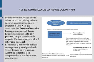 1.2. EL COMIENZO DE LA REVOLUCIÓN: 1789
● Se inició con una revuelta de la
aristocracia. Los privilegiados se
negaron a pagar impuestos, y
exigieron a Luis XVI que
convocase los Estados Generales.
● Los representantes del Tercer
Estado exigieron el voto por
persona, ya que constituían la
mayoría. Estaba en juego la idea de
soberanía nacional.
● El monarca y parte de la nobleza
no aceptaron, y los diputados del
Tercer Estado, se erigieron en
Asamblea Nacional y se
comprometieron a elaborar una
constitución.
 