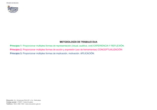 Dirección: Av. Amazonas N34-451 y Av. Atahualpa.
Código postal: 170507 / Quito-Ecuador
Teléfono: 593-2-396-1300 / www.educacion.gob.ec
METODOLOGÍA DE TRABAJO DUA
Principio 1. Proporcionar múltiples formas de representación (visual, auditiva, oral) EXPERIENCIA Y REFLEXIÓN.
Principio 2. Proporcionar múltiples formas de acción y expresión (uso de herramientas) CONCEPTUALIZACIÓN
Principio 3. Proporcionar múltiples formas de implicación, motivación. APLICACIÓN.
 
