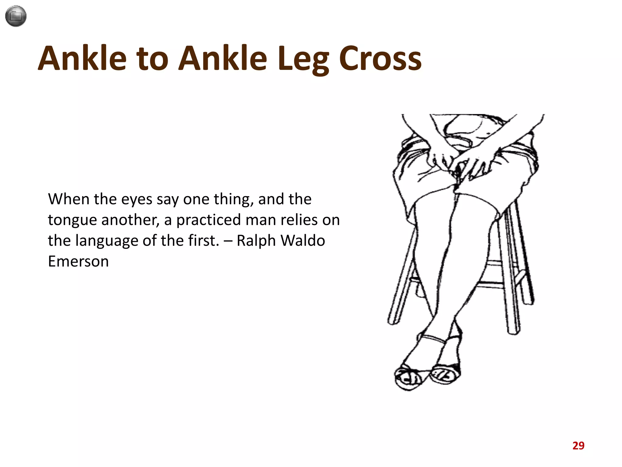 Ankle to Ankle Leg Cross
29
When the eyes say one thing, and the
tongue another, a practiced man relies on
the language of the first. – Ralph Waldo
Emerson
 
