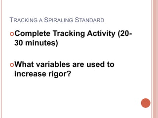 Tracking a Spiraling StandardComplete Tracking Activity (20-30 minutes)What variables are used to increase rigor?